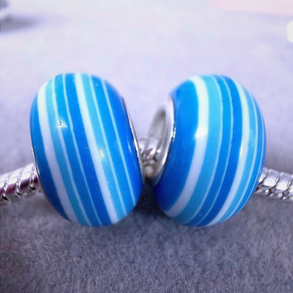 Blue Striped Murano Glass Charm Beads Set of 2 fits PANDORA